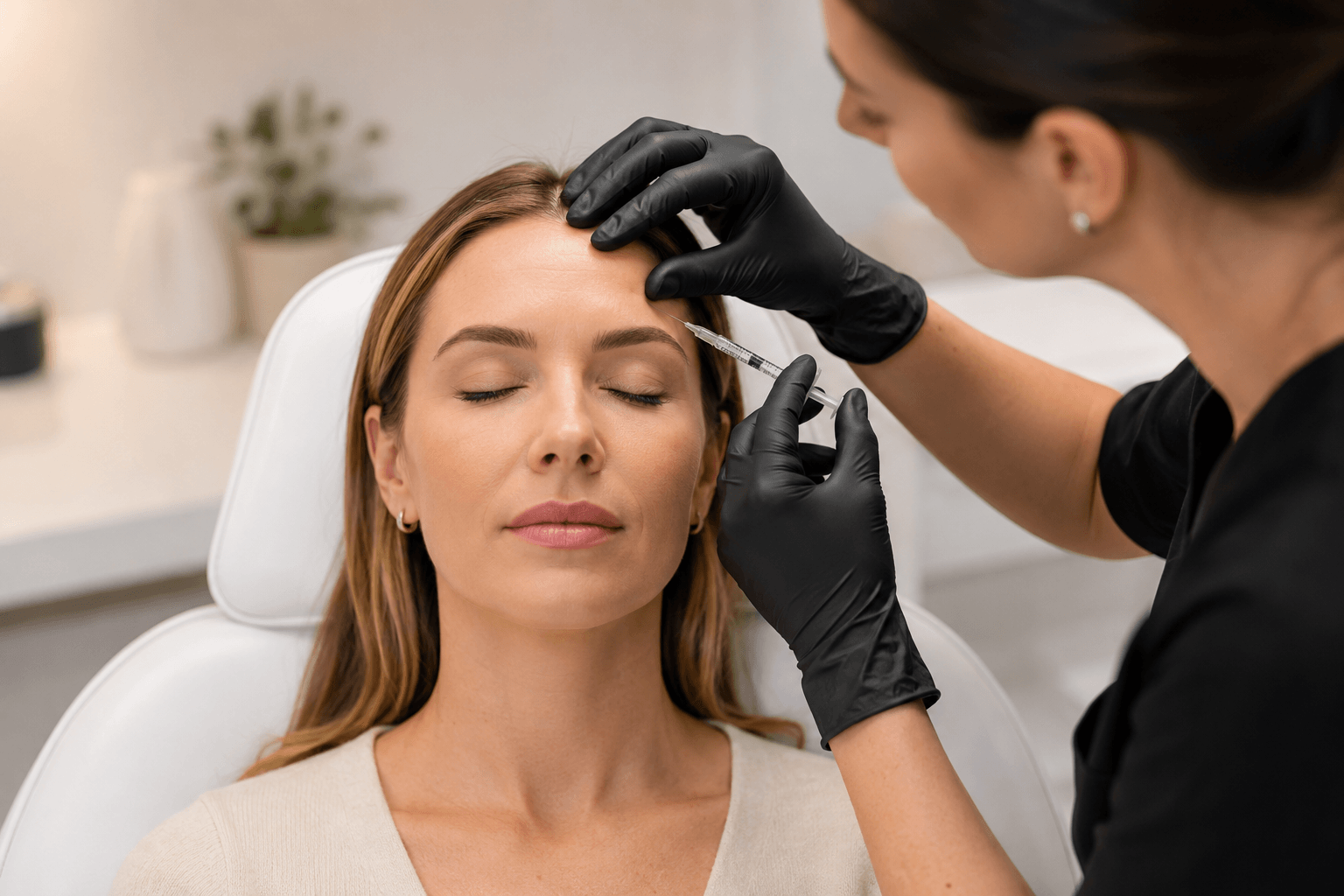 Patient receiving Dysport injections for forehead lines in a modern aesthetic clinic in Sandy Springs, Georgia