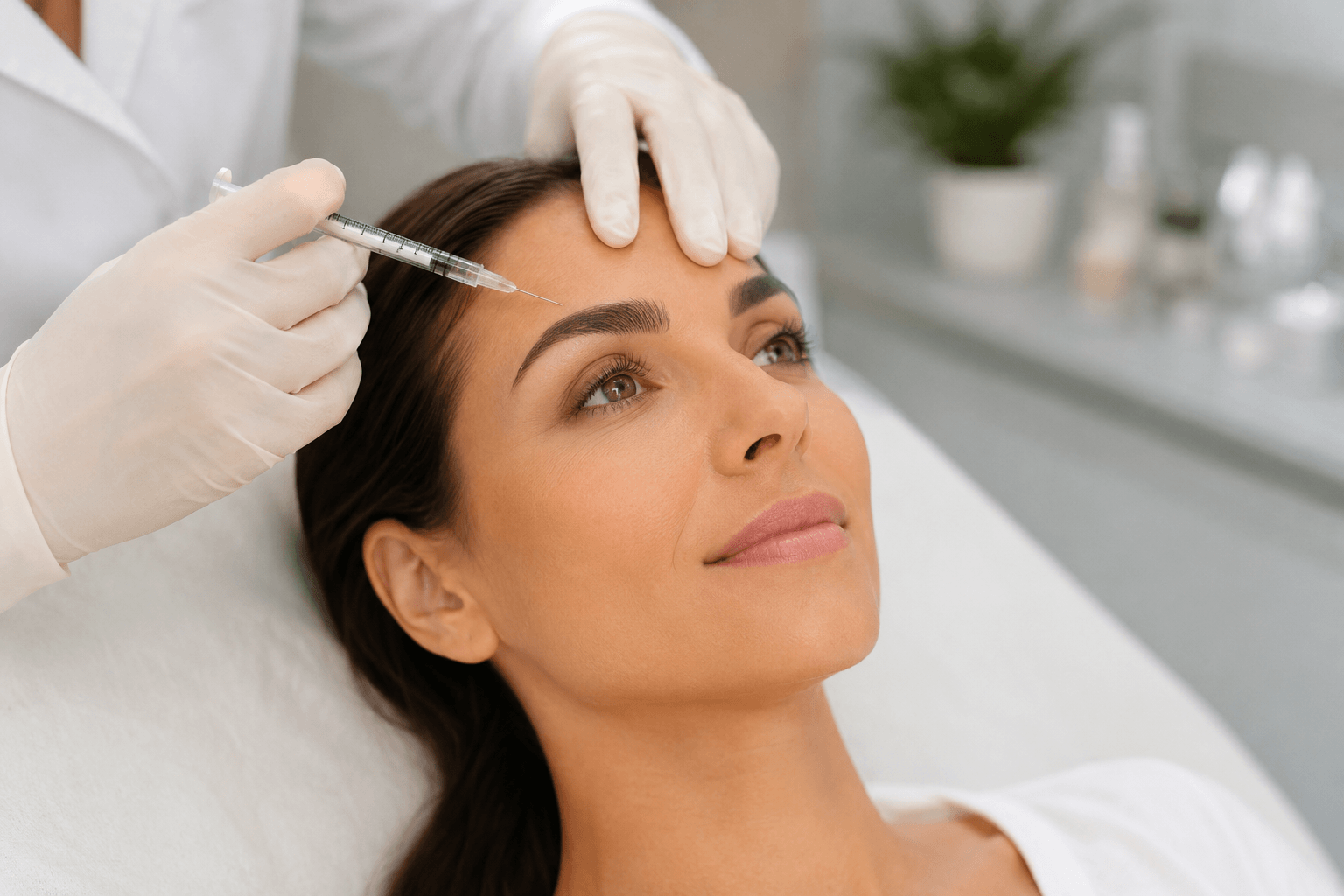 Patient receiving Botox injections to subtly lift eyebrows and refresh the eye area in a clinical setting