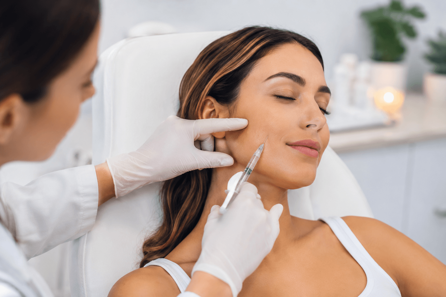 Patient receiving Sculptra injections at an aesthetic clinic in Buckhead, Georgia to stimulate collagen and restore natural facial volume
