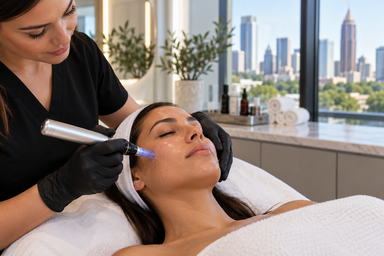Esthetician performing microneedling treatment on a client's cheek at a medspa in Buckhead, Georgia