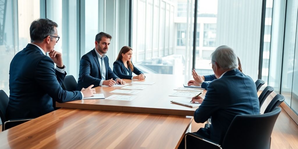 Professionnels discutant autour d'une table de conférence.
