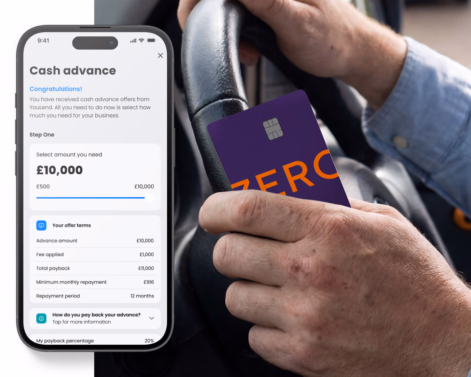 Smartphone screen shows £10,000 cash advance offer with terms, a hand holds card near steering wheel.