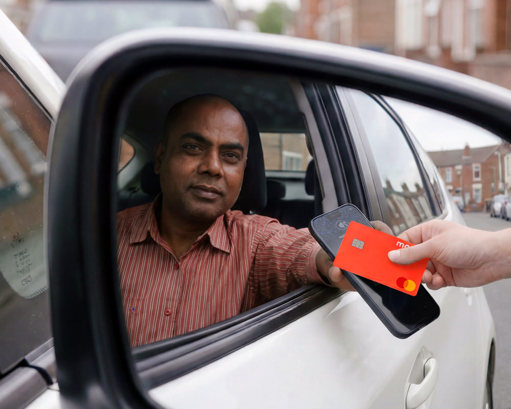 Man in backseat using red Visa card to pay with a purple Lopay card reader, two women smiling nearby.