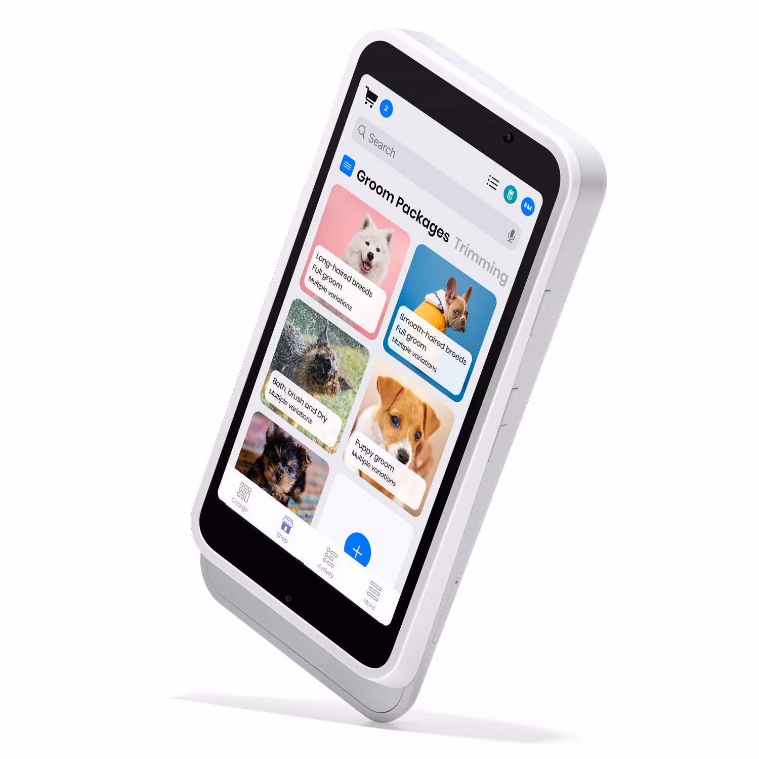 White handheld device displaying dog grooming packages with photos of different dog breeds on screen.