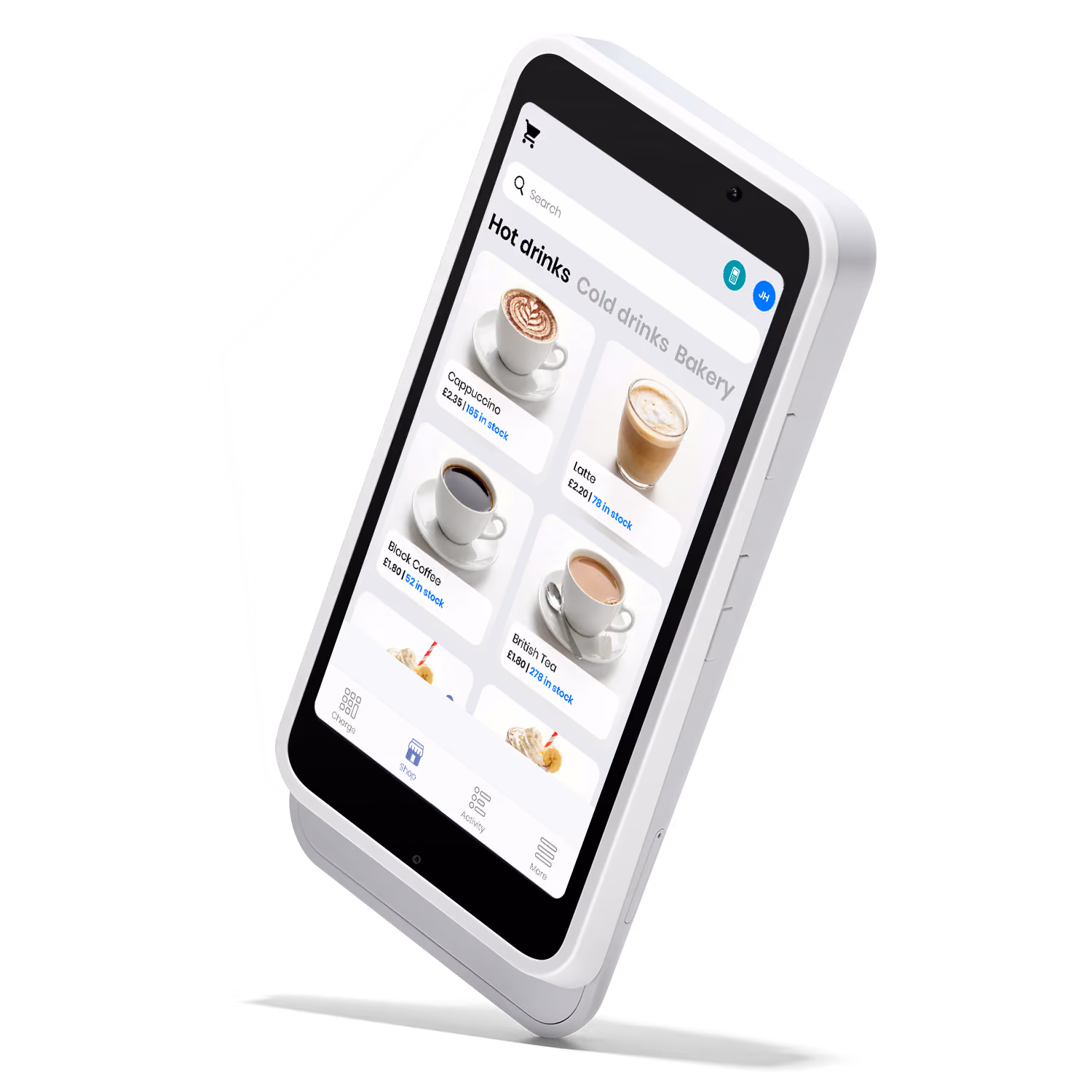 White handheld device displaying dog grooming packages with photos of different dog breeds on screen.