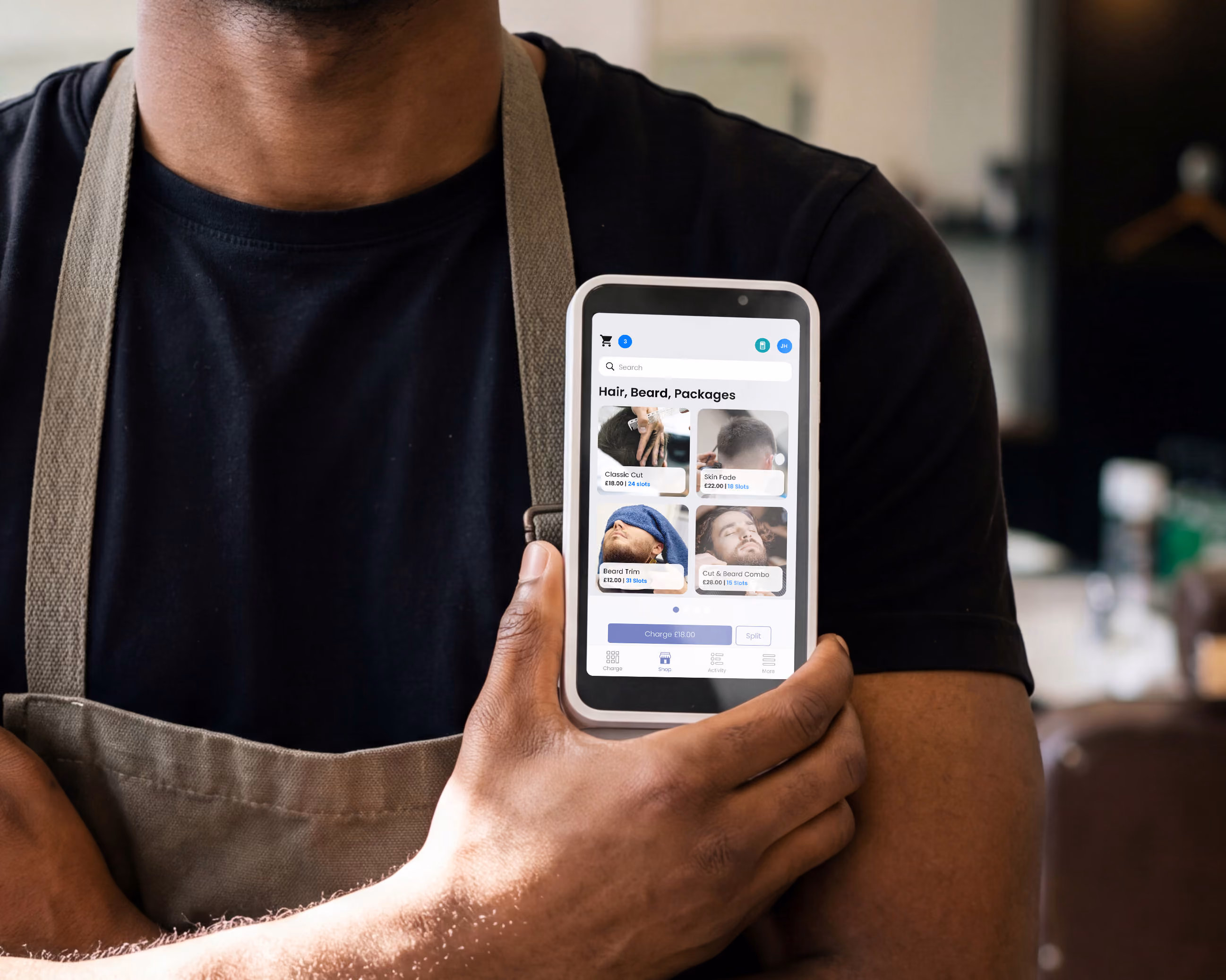 Person in apron holding Stripe S700 payment terminal showing hair and beard service booking app with package options.