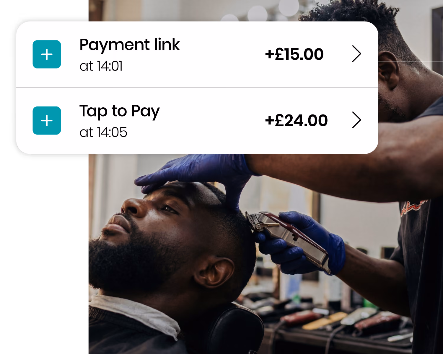 Barber wearing gloves cutting a seated man's hair with clippers in a salon.