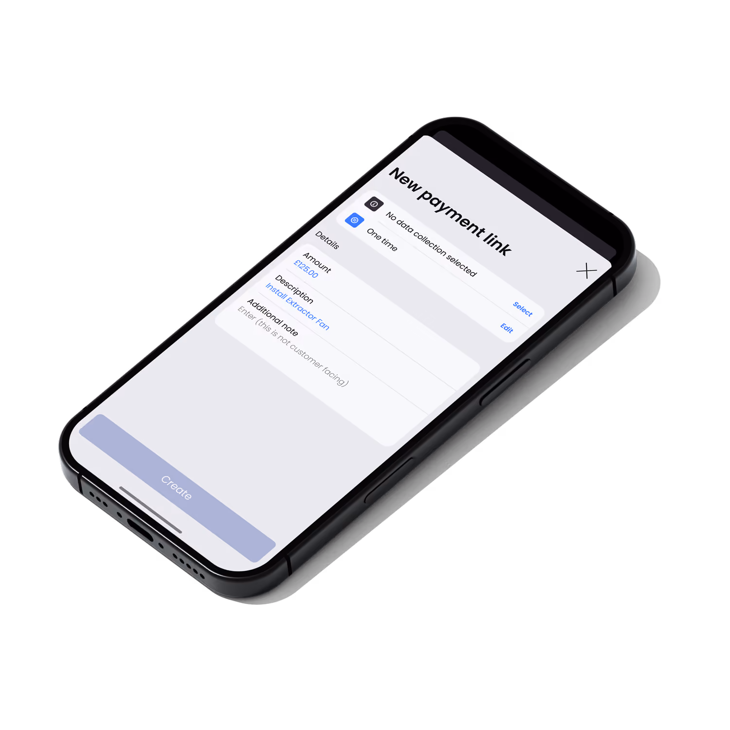 Smartphone screen showing form to create a new payment link for installing an extractor fan costing £125.00.