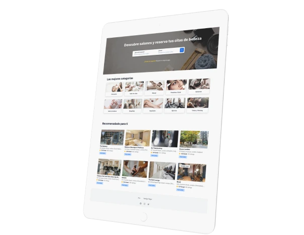 A white tablet displaying a beauty salon booking app