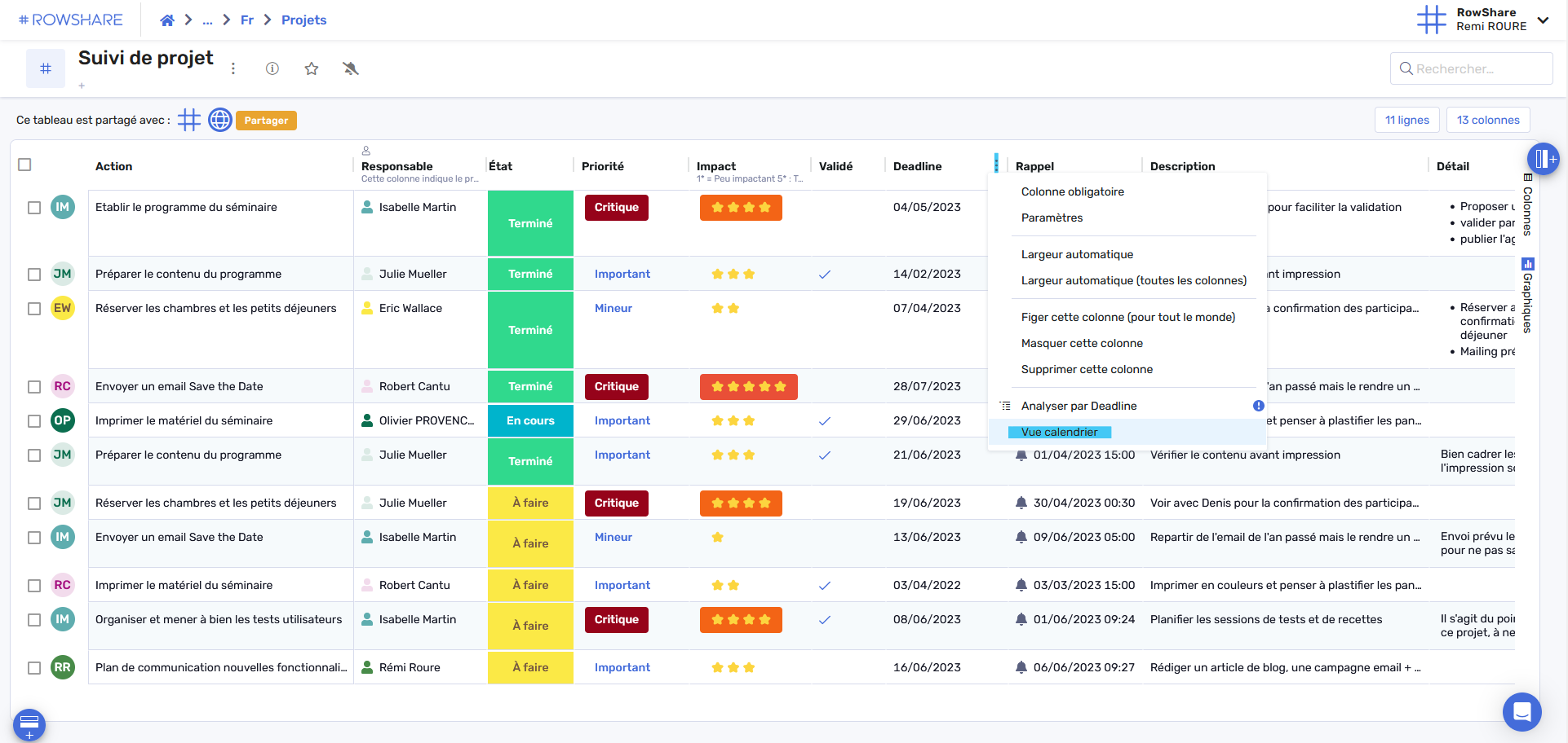 Vue calendrier RowShare 