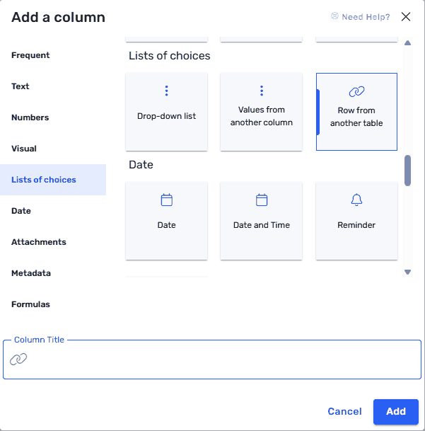 RowShare Add a column dialog, Lists of choices category, Row from another table type selected