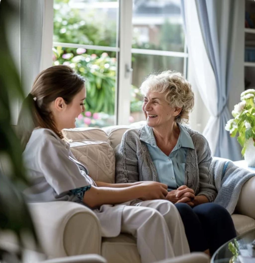Care worker speaking with elderly woman in relaxed home environment