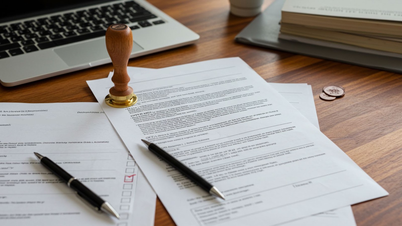 Stack of documents and laptop on desk with pens and stamp