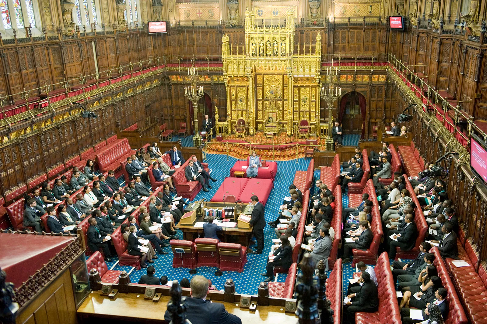 The debating chamber of the House of Lords in Parliament