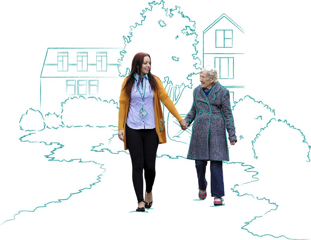 A care worker walking arm in arm with an older woman
