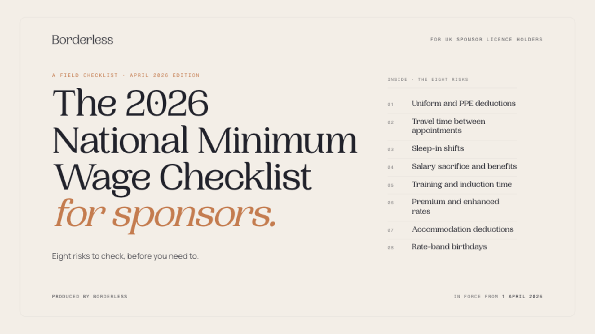 Borderless checklist cover: the 2026 National Minimum Wage checklist for sponsors