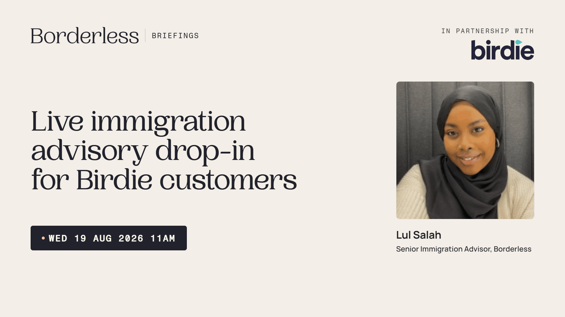 Borderless Briefings webinar: live immigration advisory drop-in for Birdie customers