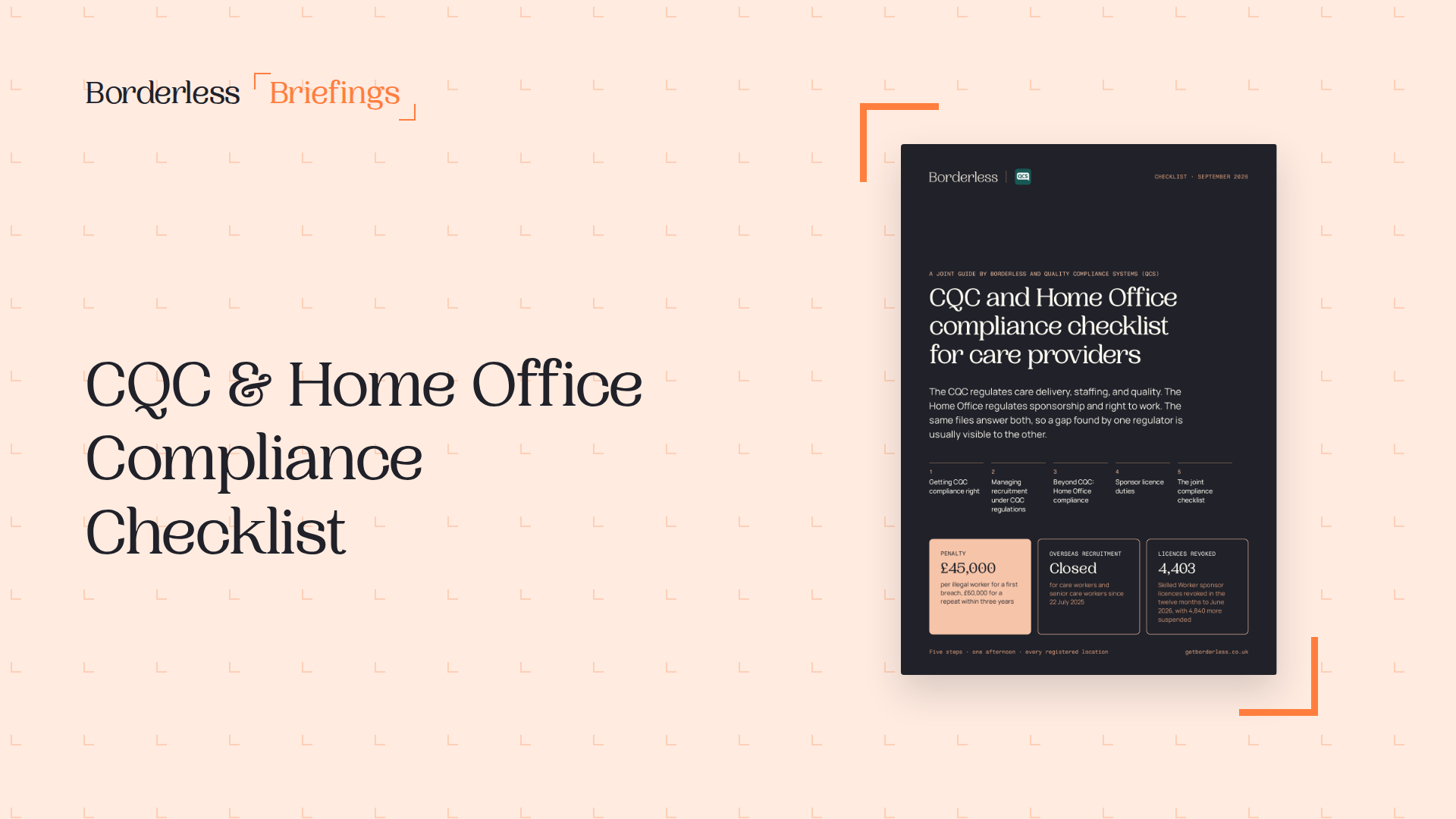 Borderless and QCS checklist cover: CQC and Home Office compliance checklist for care providers