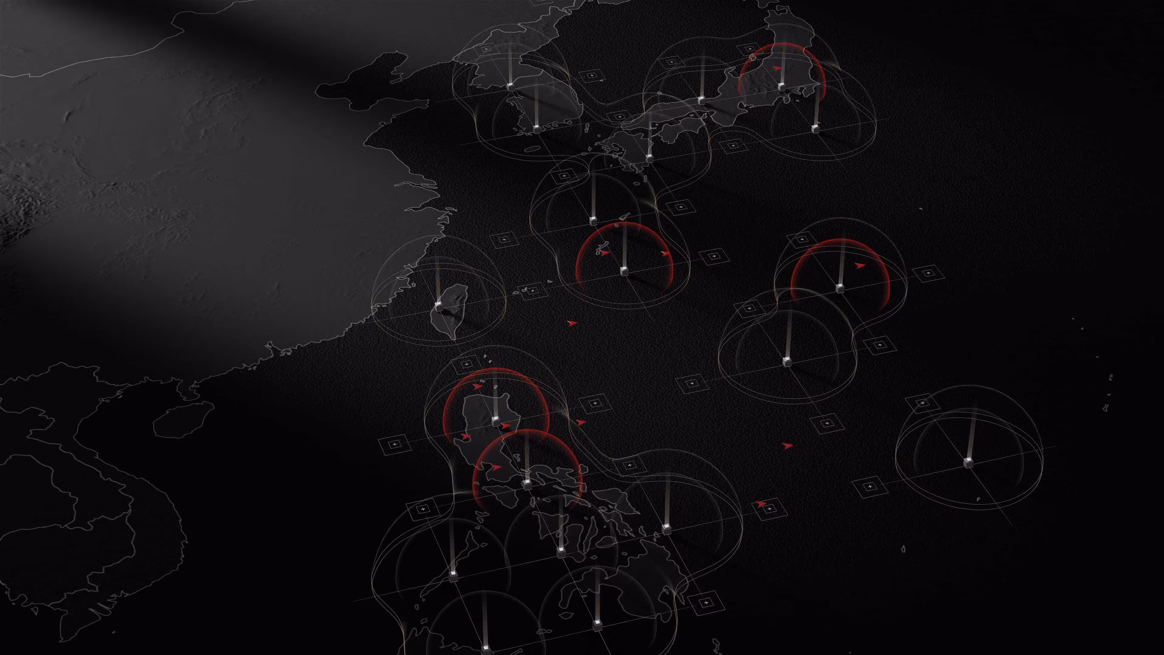 Map of East Asia with defense radar coverage zones highlighted in red