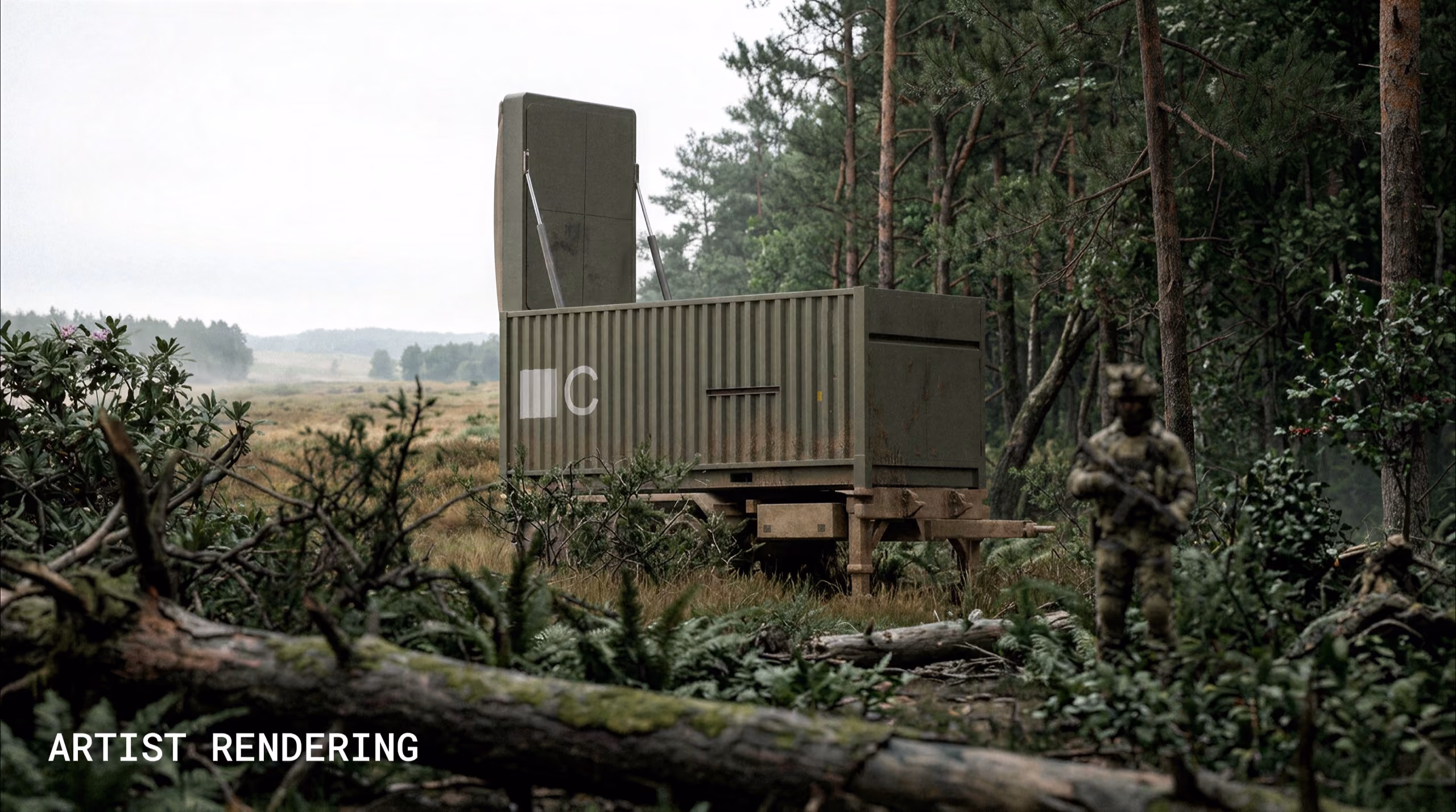 Artist rendering of the ASTRIA trailer in a forest clearing, with a soldier standing beside it
