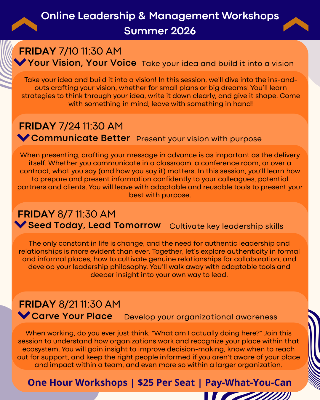 KitUp's Online Leadership and Management Workshops Summer 2026 Workshop Descriptions. Click to Download Descriptions as a pdf.