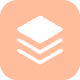 White layered stack icon on a peach hexagon background.