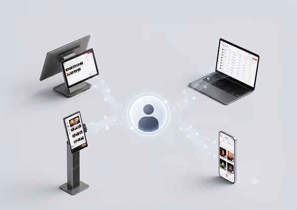 Central user icon connected to multiple devices including a desktop computer with touchscreen, a freestanding touchscreen kiosk, a laptop, and a smartphone, symbolizing data or user interaction across platforms.