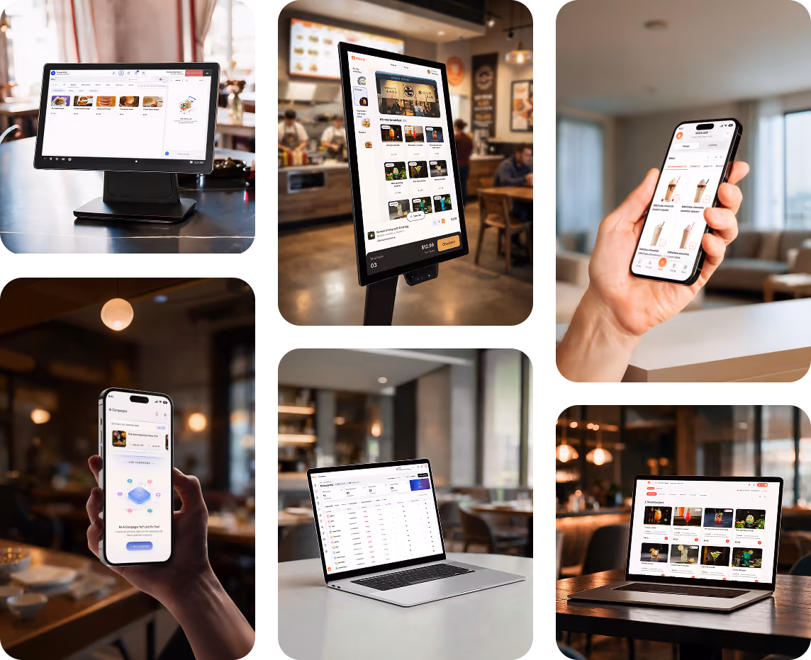 Collage of six images showing digital ordering and restaurant management technology: top left shows a touchscreen ordering system displaying food items; top center shows a vertical touchscreen kiosk in a restaurant with menu options; top right shows a hand holding a smartphone with a beverage menu app; bottom left shows a hand holding a smartphone displaying a digital ordering interface; bottom center shows a laptop on a table displaying data and charts in a restaurant setting; bottom right shows a laptop displaying an online menu with food images.