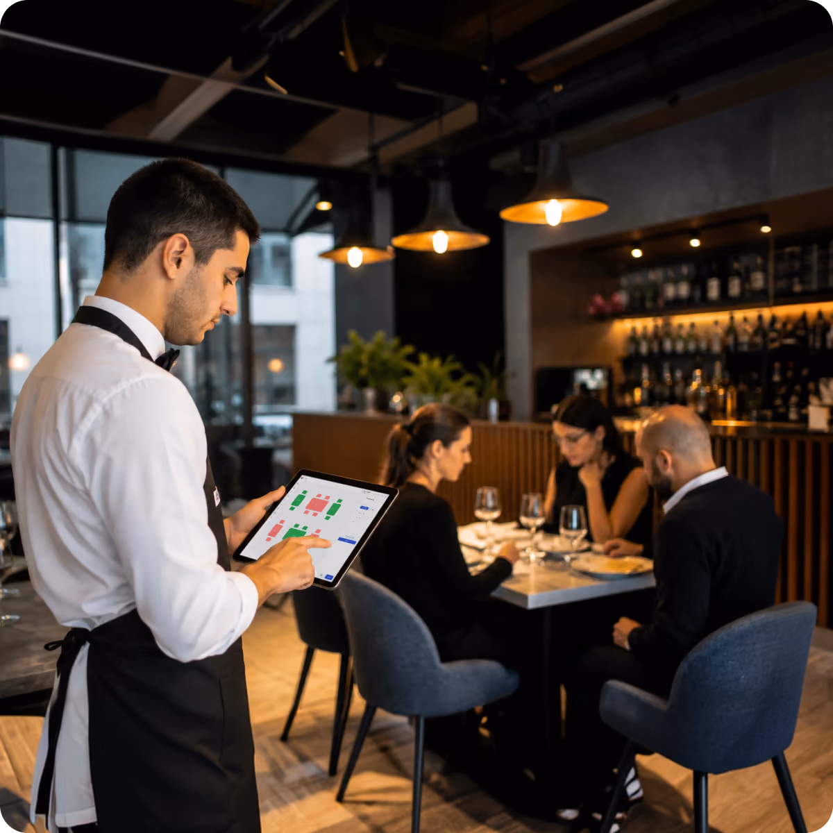 A waiter in a white shirt and black apron uses a tablet to check or manage table reservations in a modern restaurant where three people are seated and dining at a table.