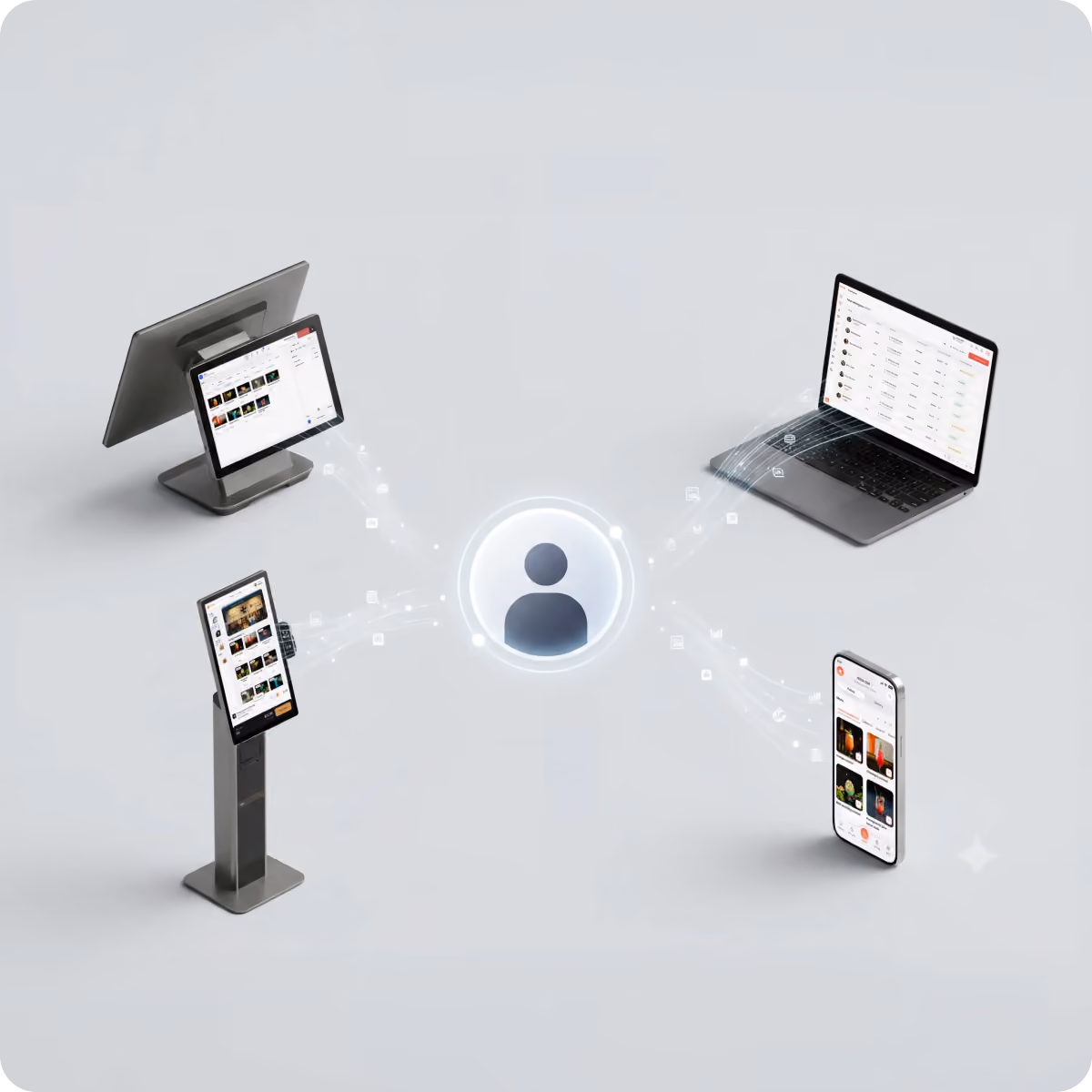 Illustration showing a central user icon connected to multiple devices including a laptop, a smartphone, and two touchscreen kiosks, representing digital connectivity across platforms.