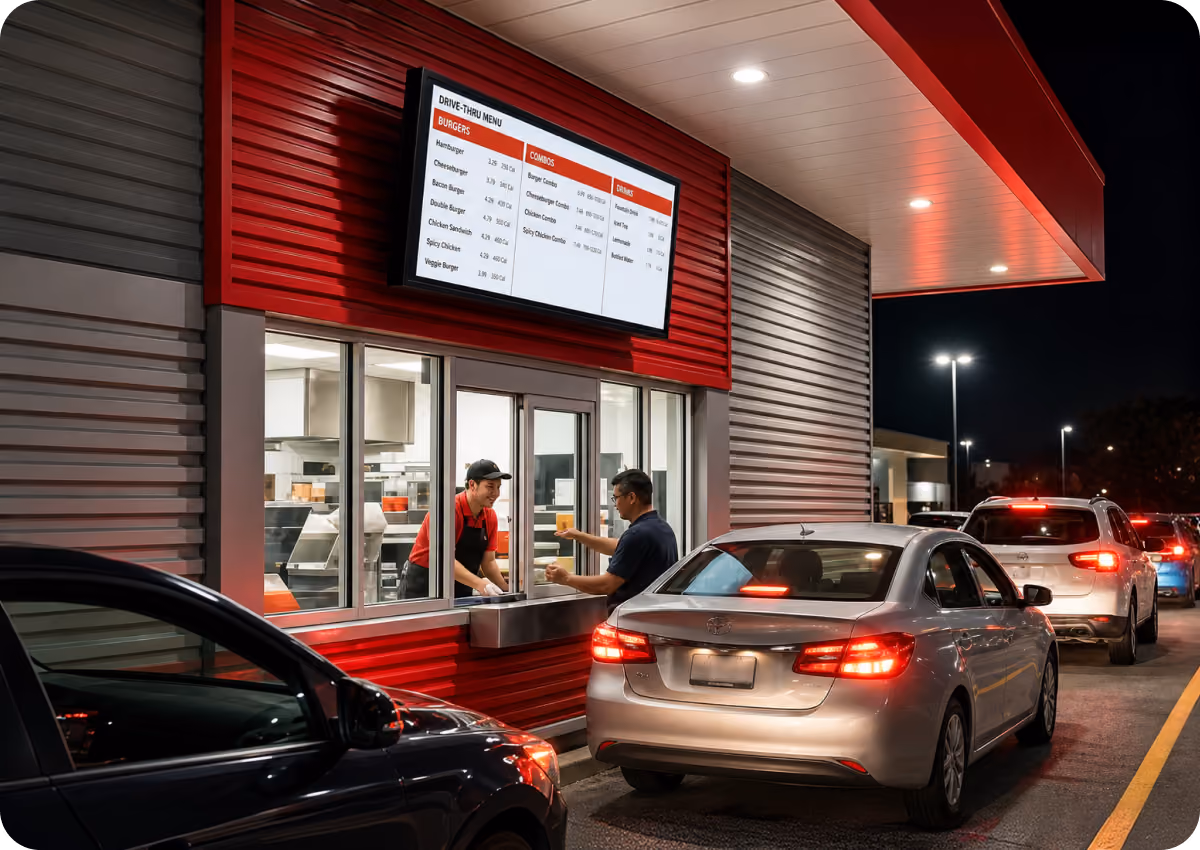 Drive-thru restaurant at night with a silver car at the window receiving food from a worker in red and black uniform, several cars waiting in line, and an illuminated digital menu board above the window.