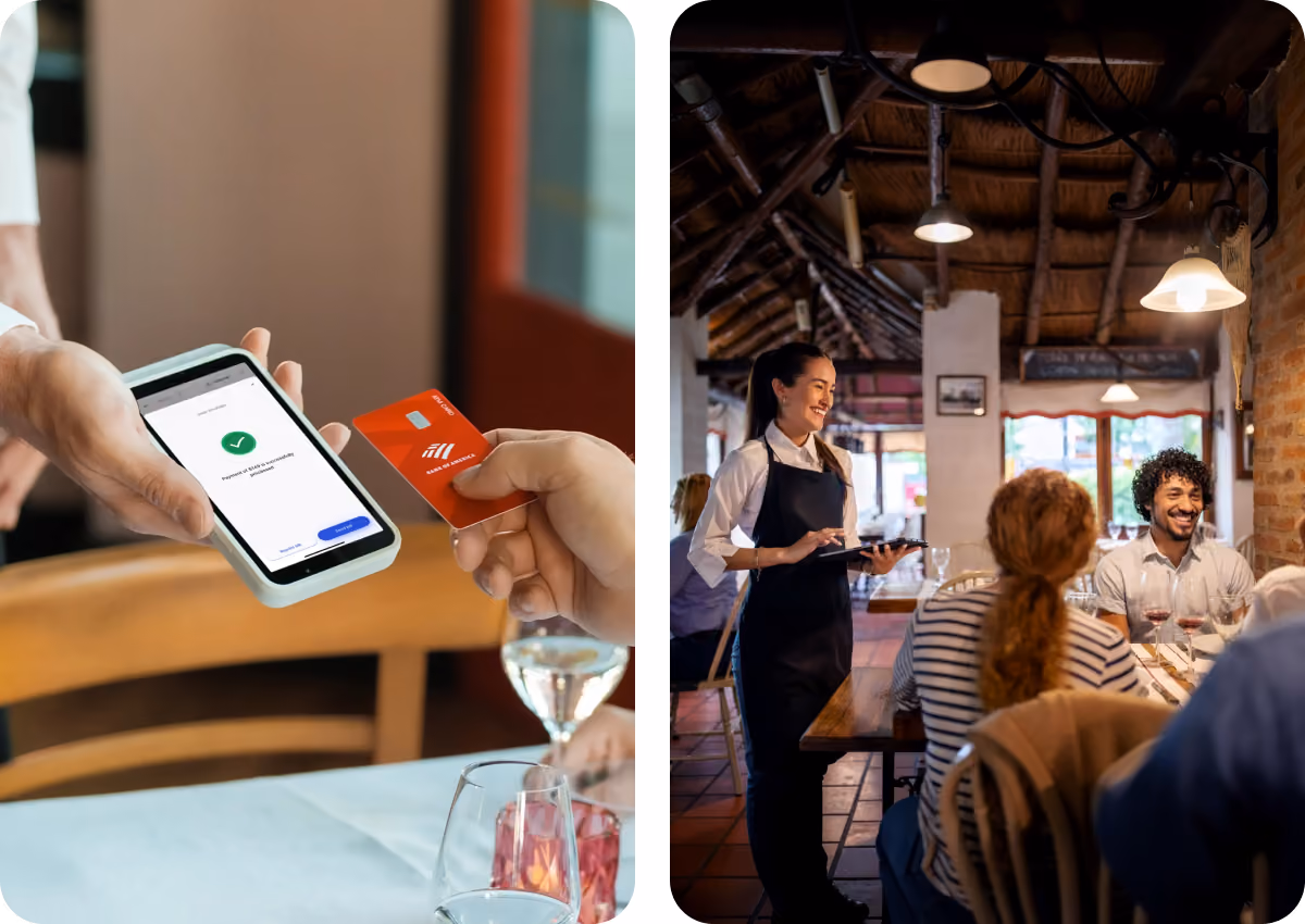 A person holding a red card paying with contactless payment on a small wireless card reader held by another person on the left, and a smiling waitress holding a notepad standing near a table with seated customers in a warmly lit restaurant interior.