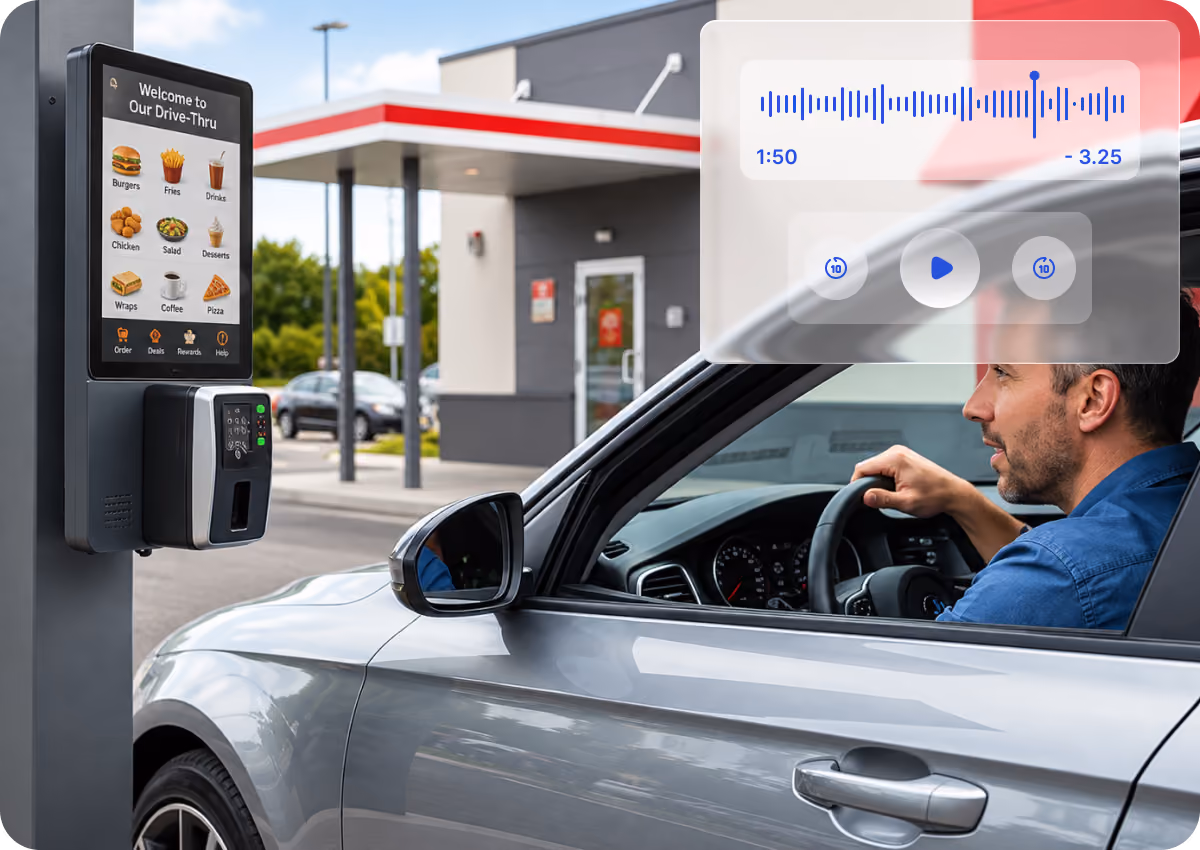 A man in a gray car at a fast-food drive-thru window with a menu board showing items like burgers, fries, drinks, chicken, salad, desserts, wraps, coffee, and pizza, while an audio player interface is overlaid in the top right.