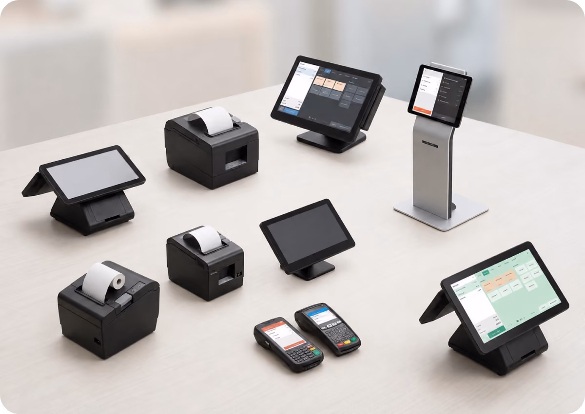 Various point-of-sale devices arranged on a light-colored table, including touchscreen terminals, receipt printers with paper rolls, and two handheld card payment terminals displaying transaction screens.