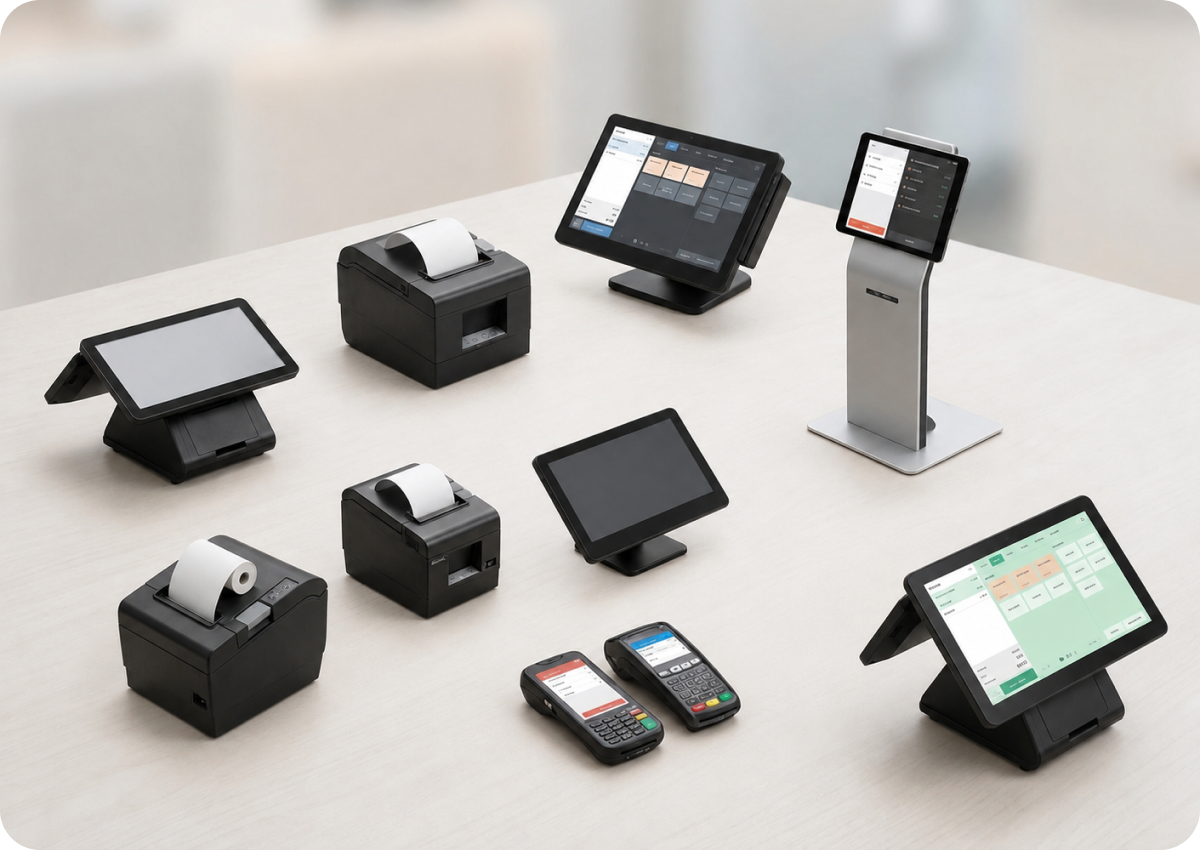 Various point-of-sale devices arranged on a light-colored table, including touchscreen terminals, receipt printers with paper rolls, and two handheld card payment terminals displaying transaction screens.