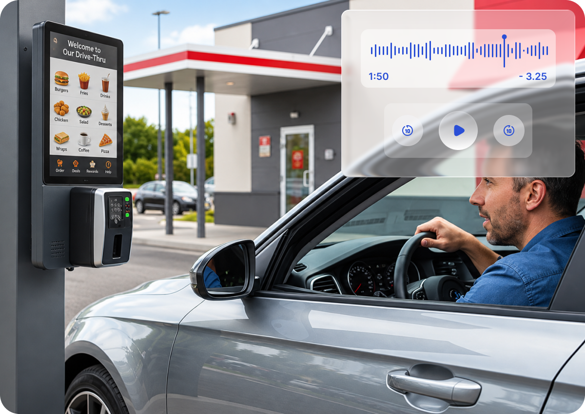 Man in a silver car using a drive-thru ordering screen showing menu options like burgers, fries, drinks, chicken, salad, desserts, wraps, coffee, and pizza at a fast food restaurant.