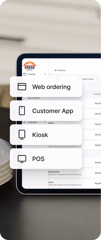 Tablet screen showing Kebab Factory software interface with options for Web ordering, Customer App, Kiosk, and POS in layered boxes over a blurred background of stacked plates.