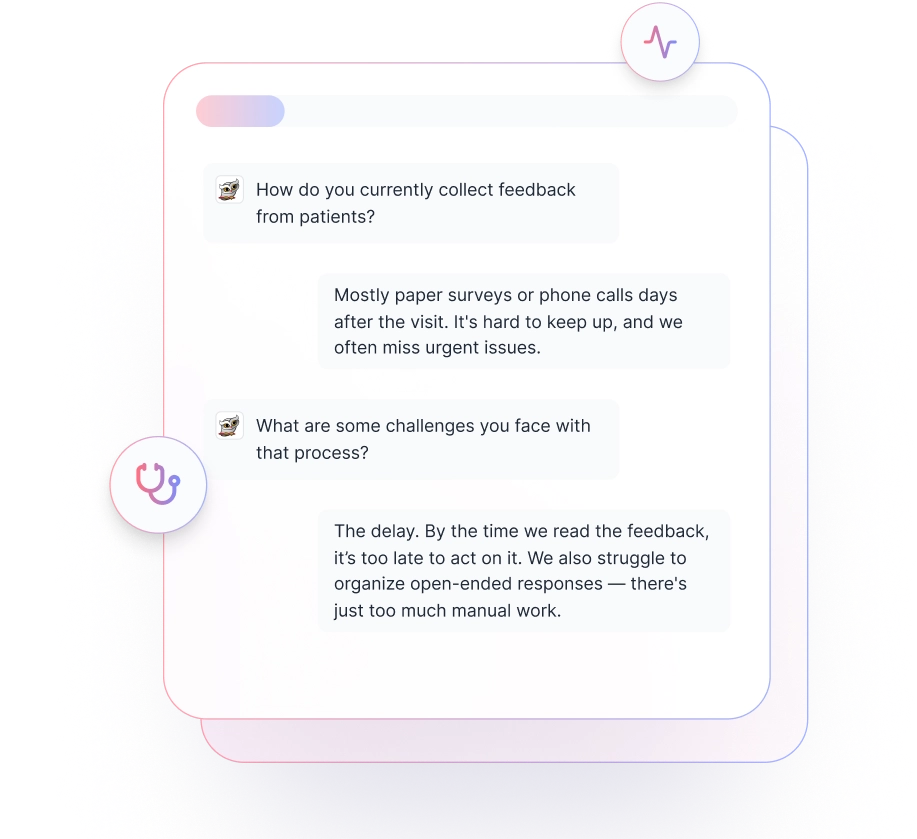 Chat-style patient feedback survey highlighting delays and challenges with paper-based healthcare feedback