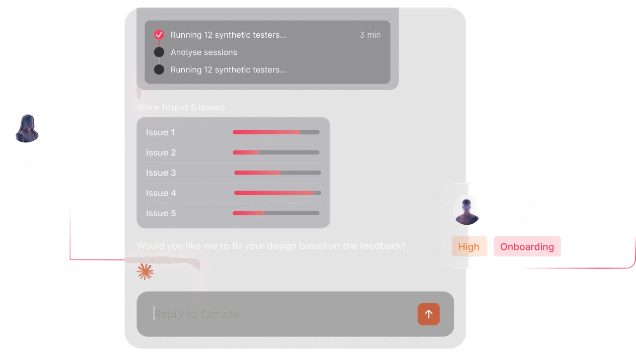 TheySaid chat in Claude: 12 synthetic testers ran, 5 issues found, with tester profiles around the conversation