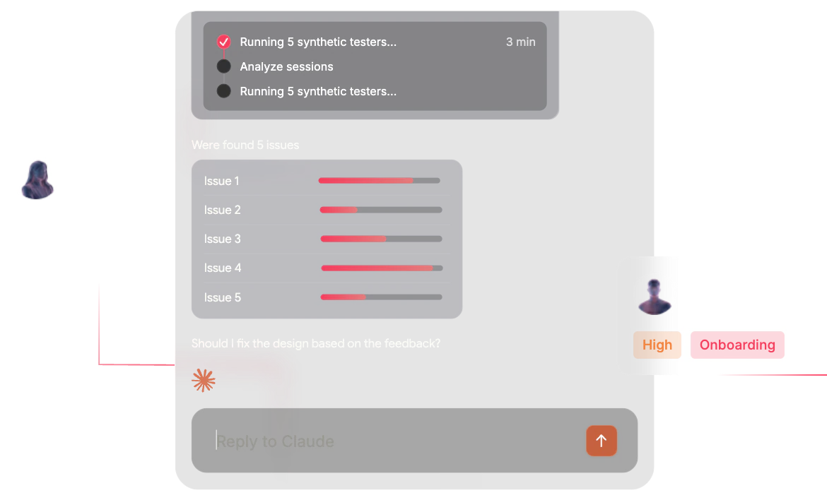 TheySaid chat in Claude: 5 synthetic testers ran, 5 issues found, with tester profiles around the conversation