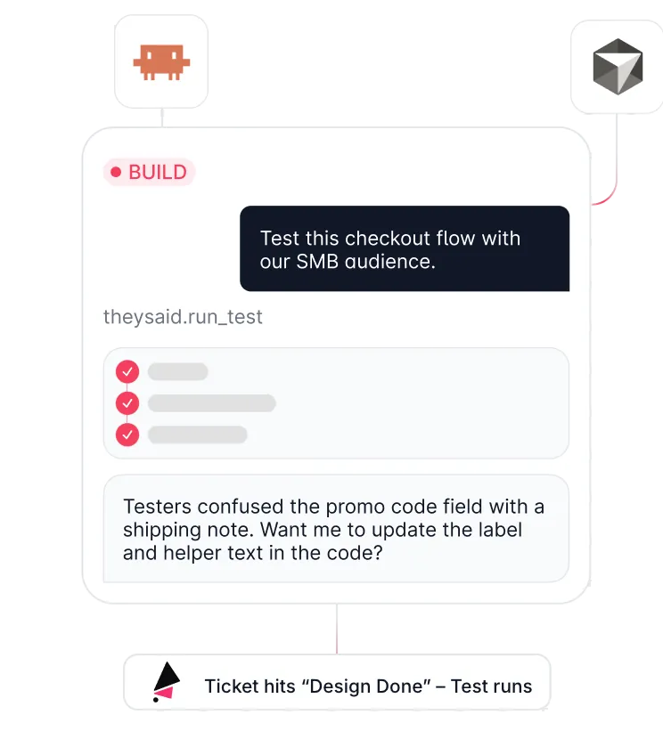Build: from Claude Code or Cursor, ask TheySaid to test a checkout flow and get the fix back in the code.