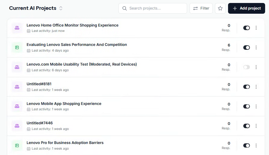 The Projects page, with the Add project button in the top-right corner