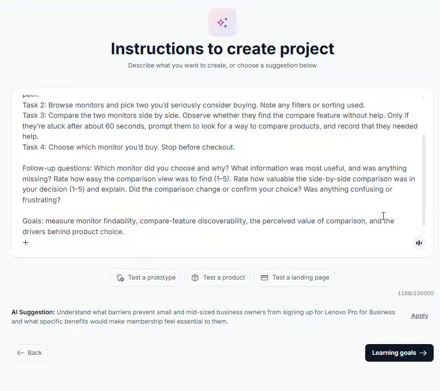 Describe the scenario, tasks, follow-ups, and goals in plain English
