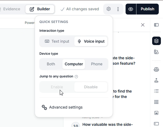 Quick settings for interaction type, device, and navigation