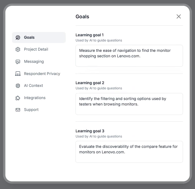 Advanced settings, where you can edit the learning goals that guide the AI moderator
