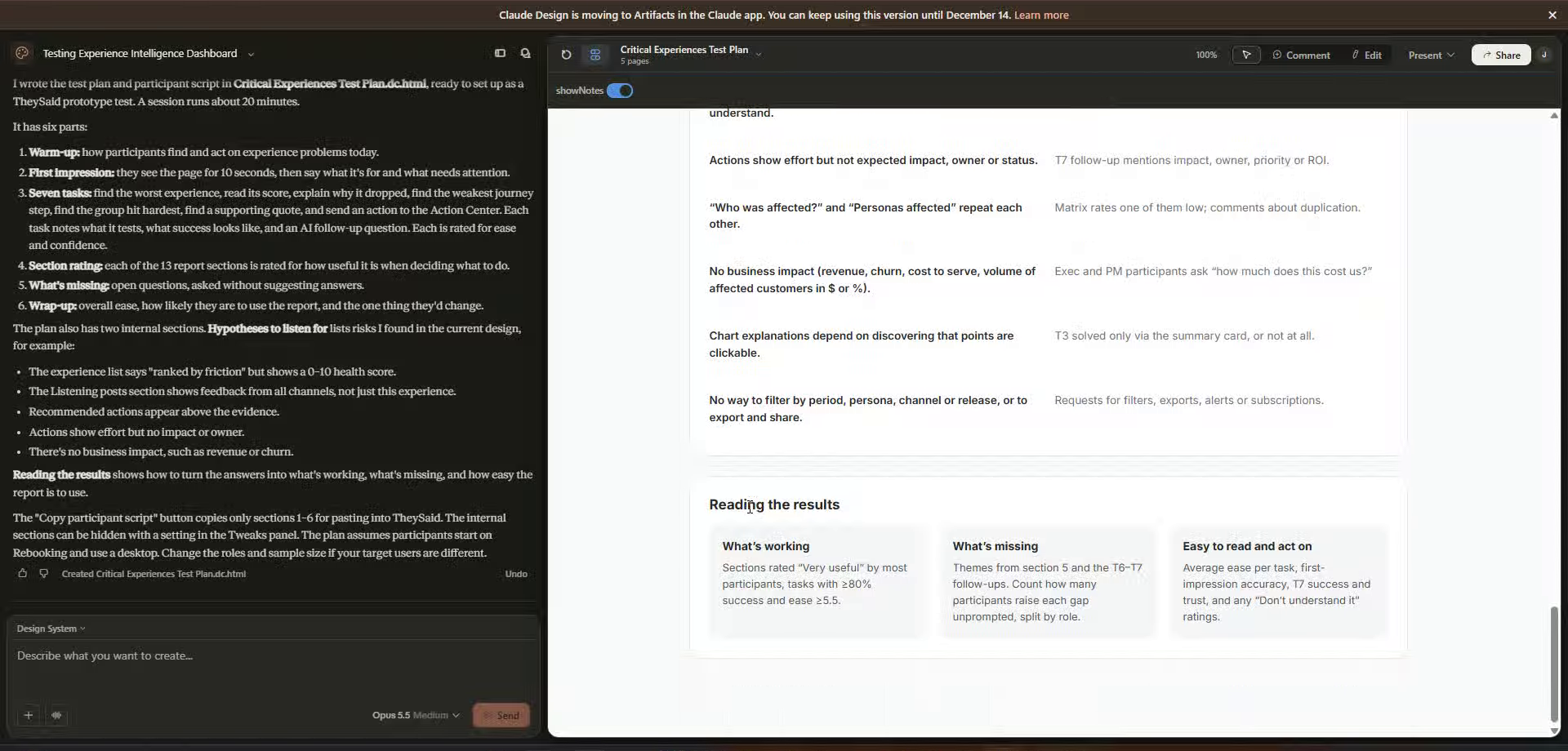 Claude drafts a complete test plan and participant script