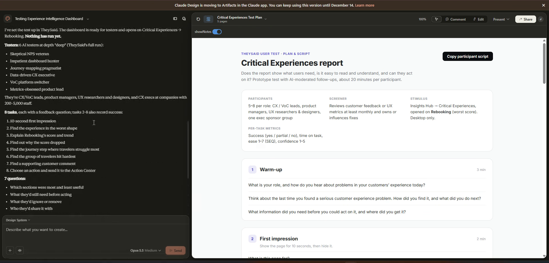 Claude sets up the test in TheySaid and summarizes the testers, tasks, and questions