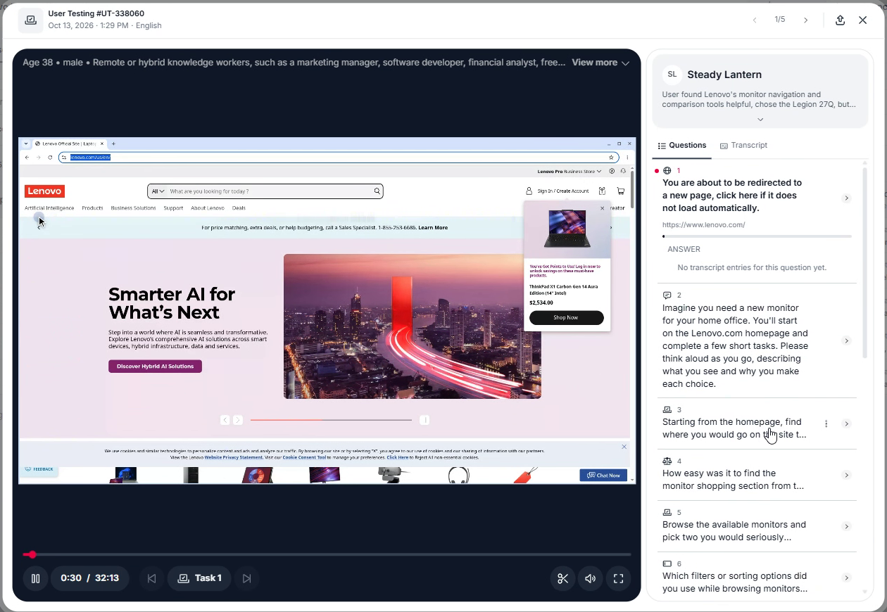 Session replay: the tester's screen, an AI summary, and every question side by side