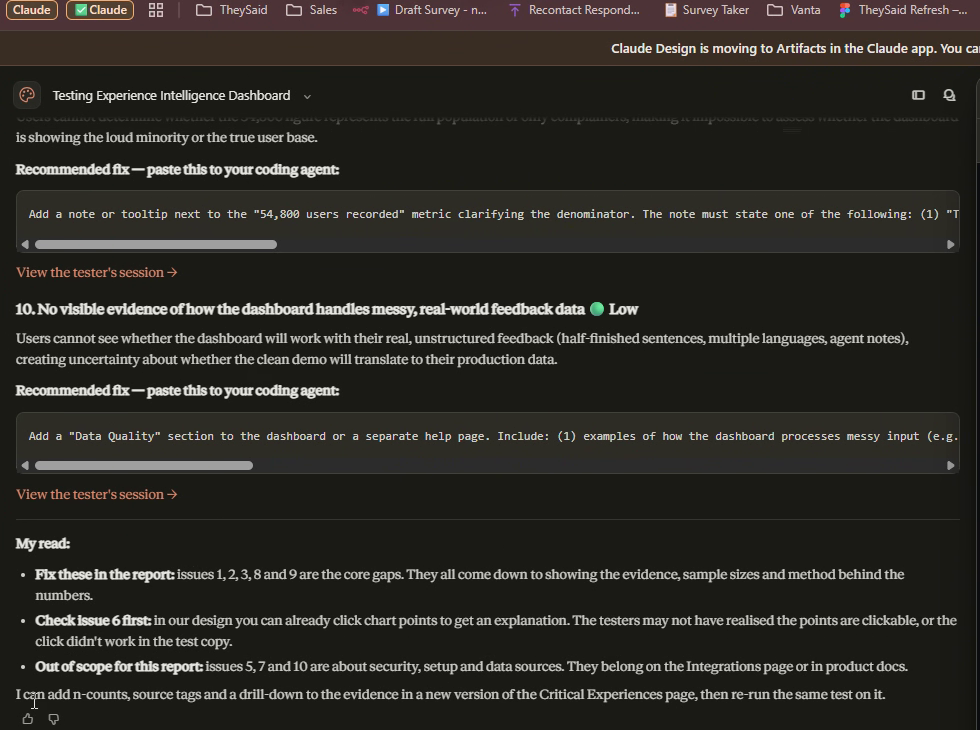 Claude recommends what to fix first and offers to rerun the test on the updated design