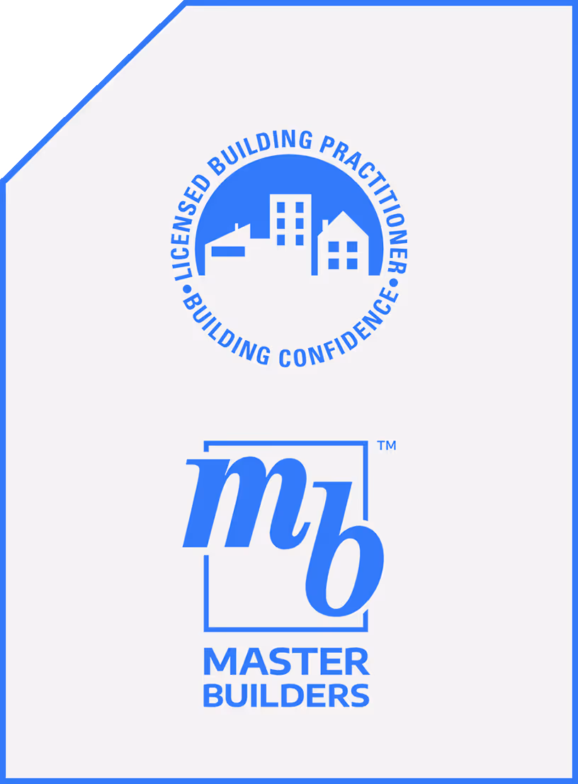 Blue Master Builders logo with letters 'mb' inside a square and text 'Licensed Building Practitioner Building Confidence' around icons of houses and buildings.